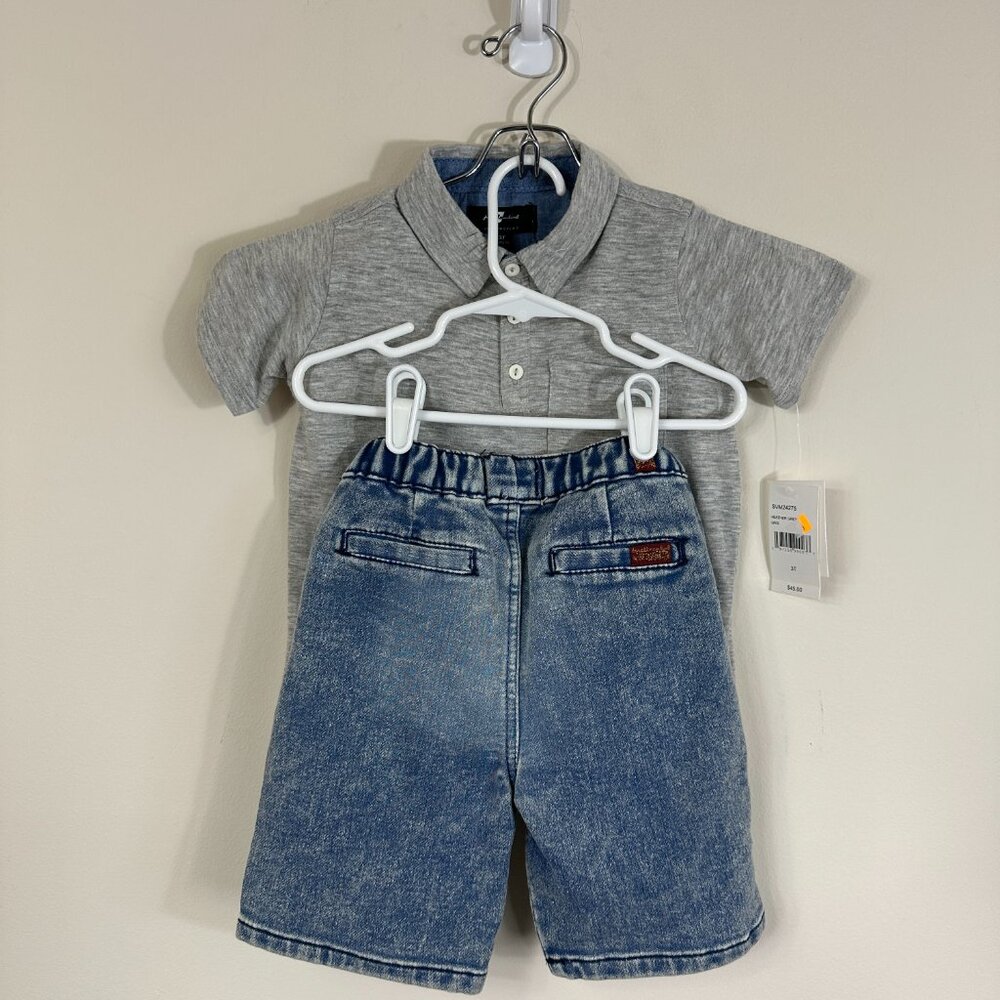 7 For All Mankind 2 Piece Set Knit Denim/Jean Shorts and Polo Shirt  Boys 3T NWT